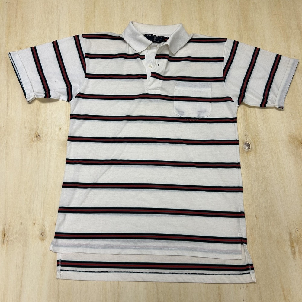 Vintage Chesterfield Polo Shirt Mens Medium White Striped Short Sleeve Pocket
